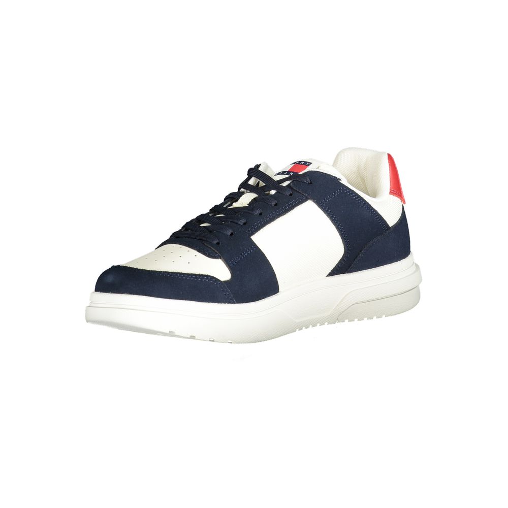 Tommy Hilfiger Blue Polyester Sneaker with white and red contrast, lace-up sports shoe, featuring logo and removable insole.