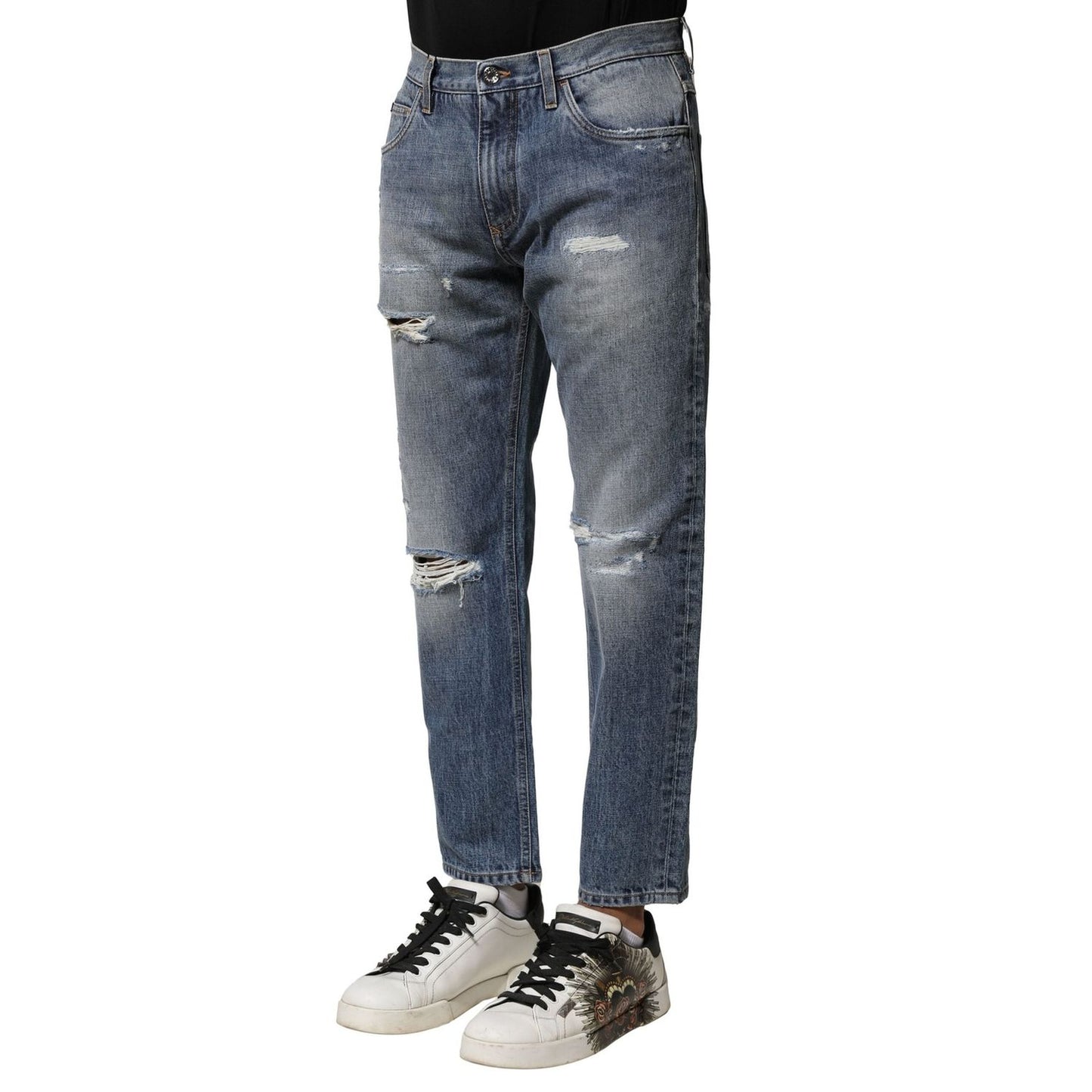 Dolce & Gabbana Blue Washed Tattered Straight Fit Denim Jeans PAN75876-44