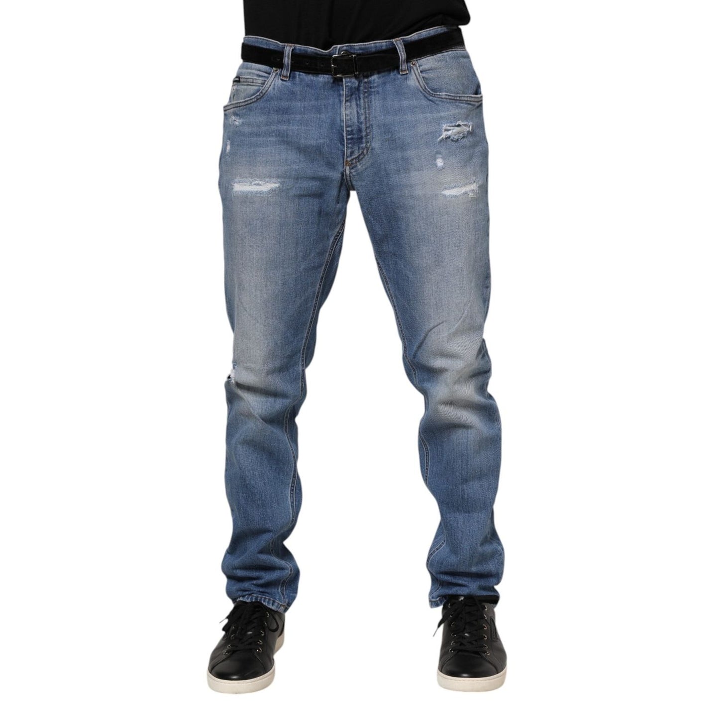 Dolce & Gabbana Blue Washed Tattered Logo Plaque Denim Jeans PAN76350-52