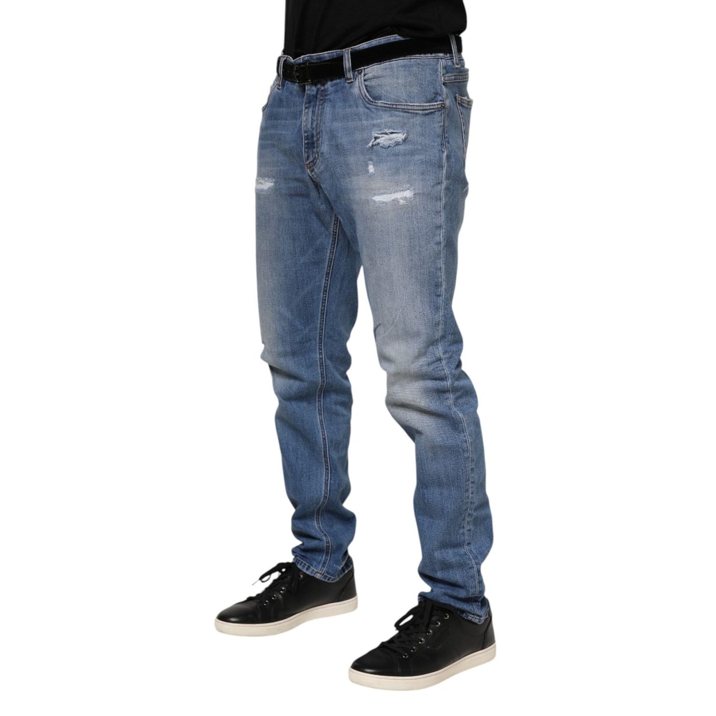 Dolce & Gabbana Blue Washed Tattered Logo Plaque Denim Jeans PAN76350-52