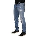 Dolce & Gabbana Blue Washed Tattered Logo Plaque Denim Jeans PAN76350-52