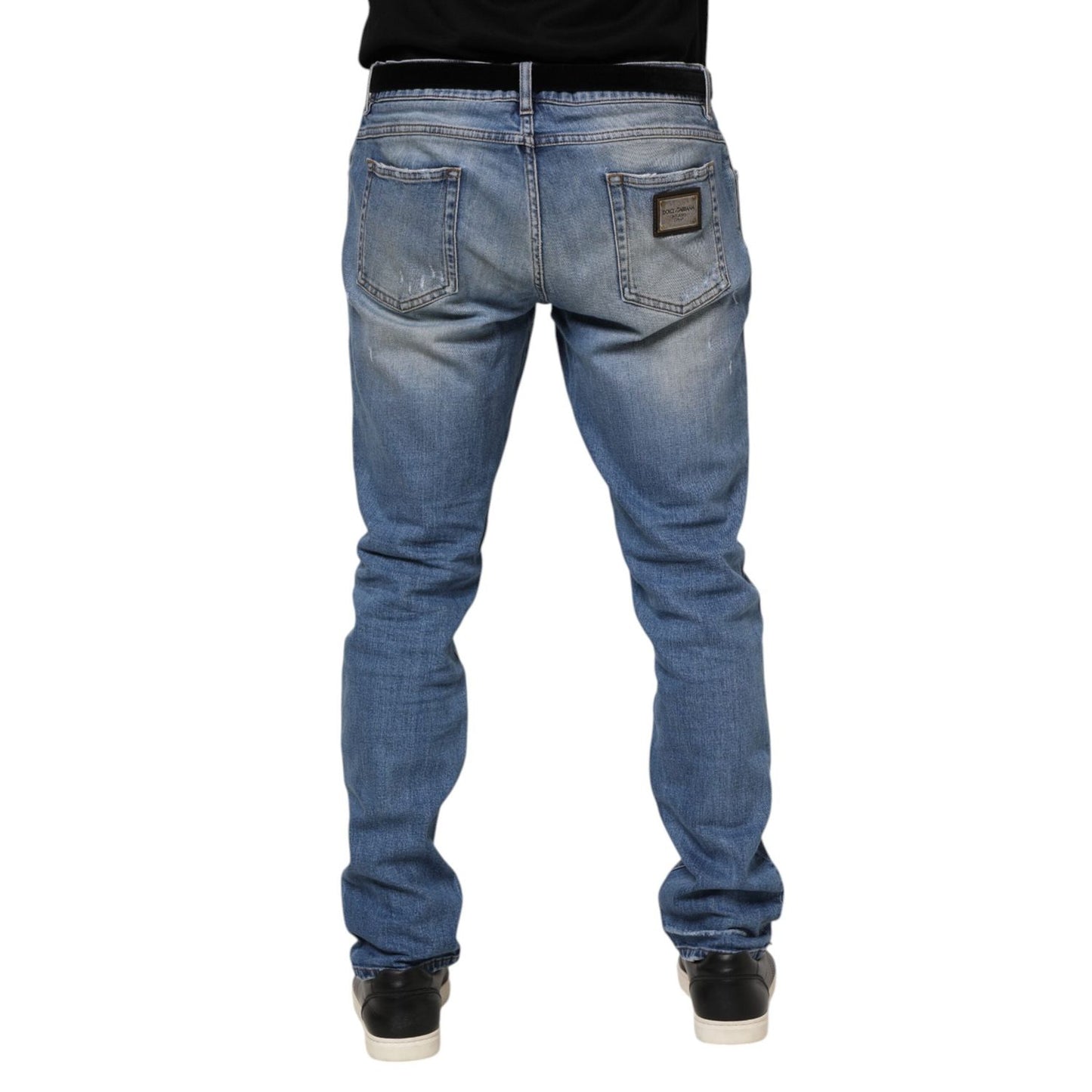 Dolce & Gabbana Blue Washed Tattered Logo Plaque Denim Jeans PAN76350-52