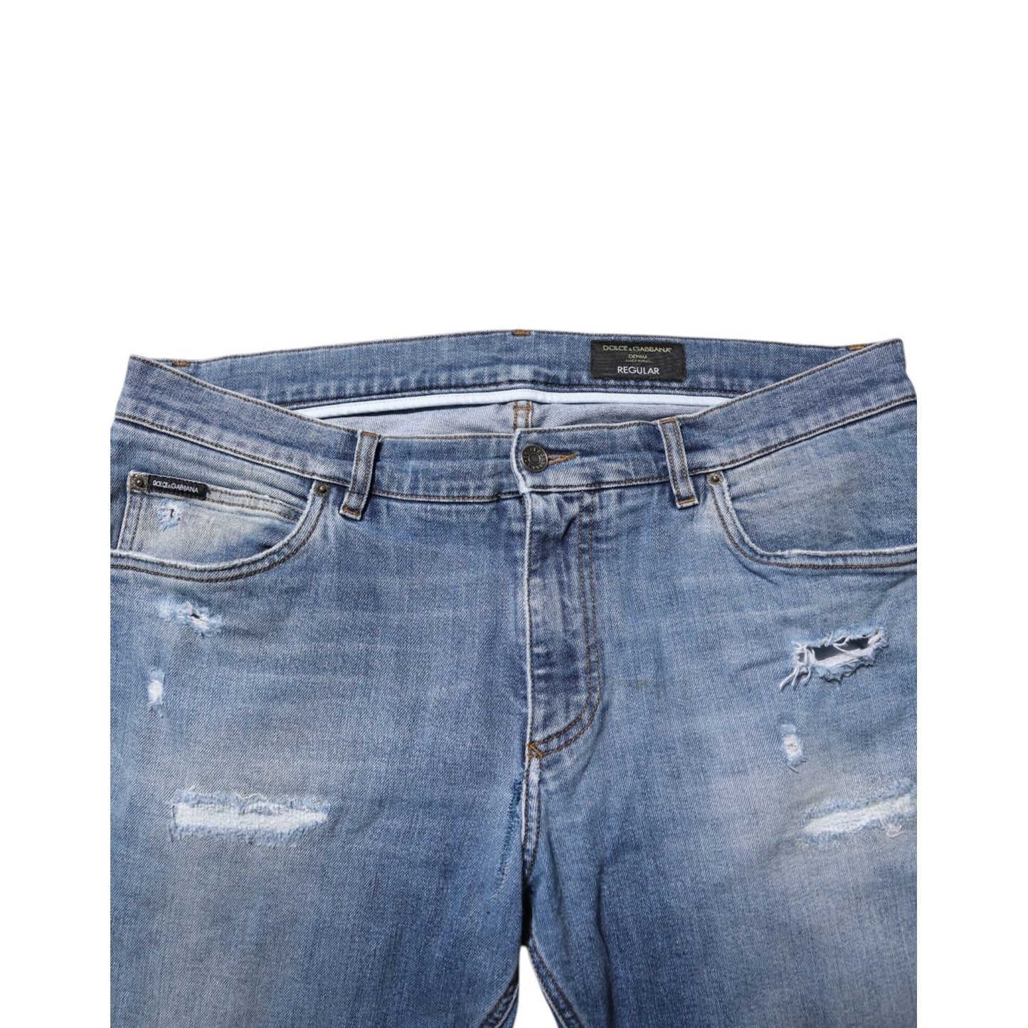 Dolce & Gabbana Blue Washed Tattered Logo Plaque Denim Jeans PAN76350-52