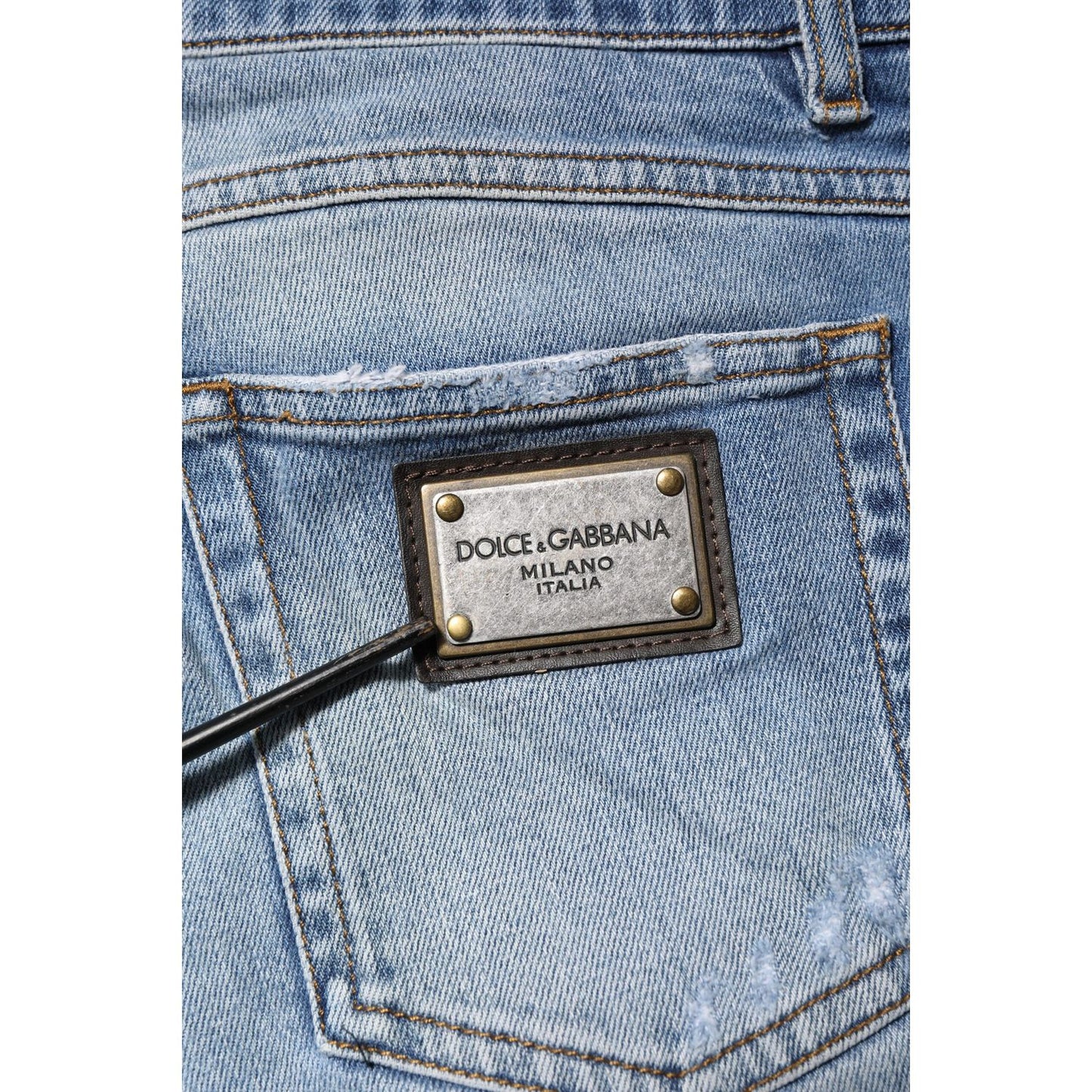 Dolce & Gabbana Blue Washed Tattered Logo Plaque Denim Jeans PAN76350-52