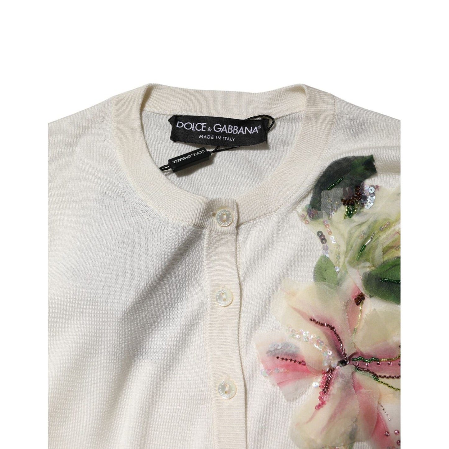 Dolce & Gabbana White Silk Lily Embellished Cardigan Sweater TSH86573-36