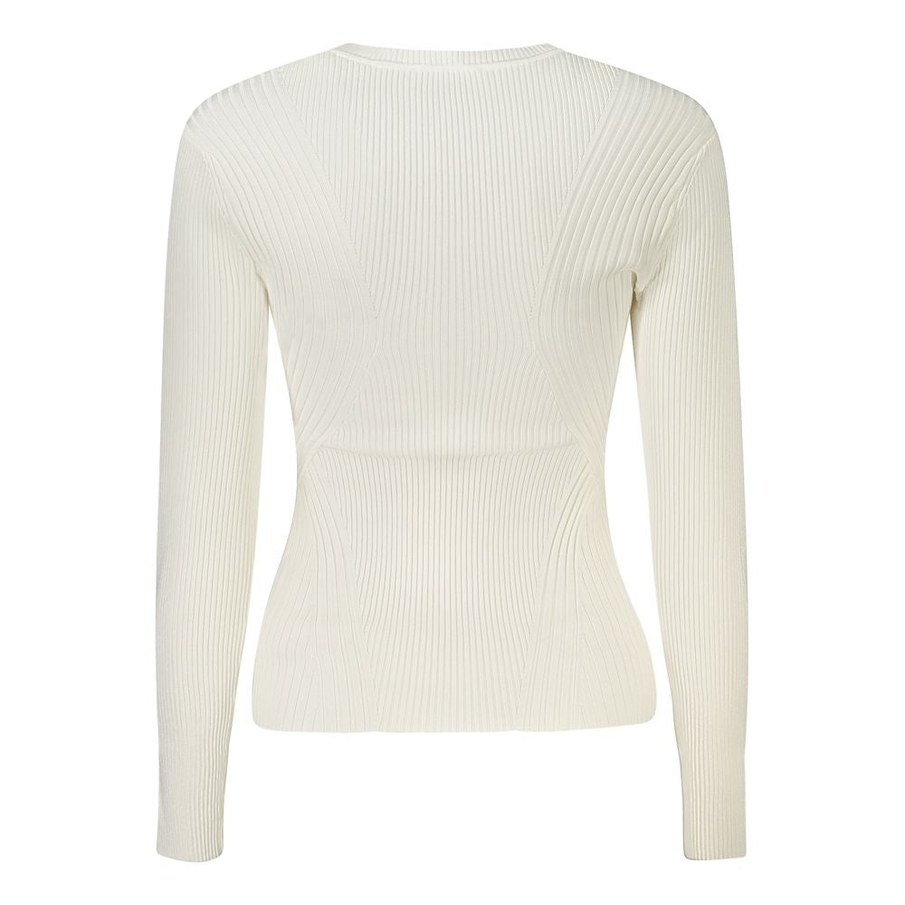 Back view of Guess Jeans White Viscose Sweater, long-sleeved crew neck with textured design, highlighting modern casual style.