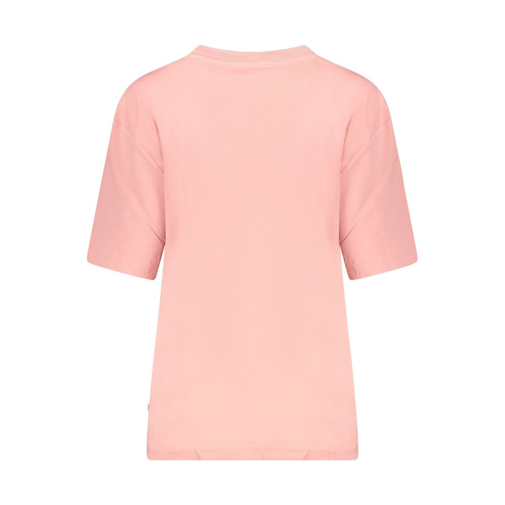 Back view of Guess Jeans Pink Cotton Women T-Shirt showcasing oversized fit and organic cotton material.