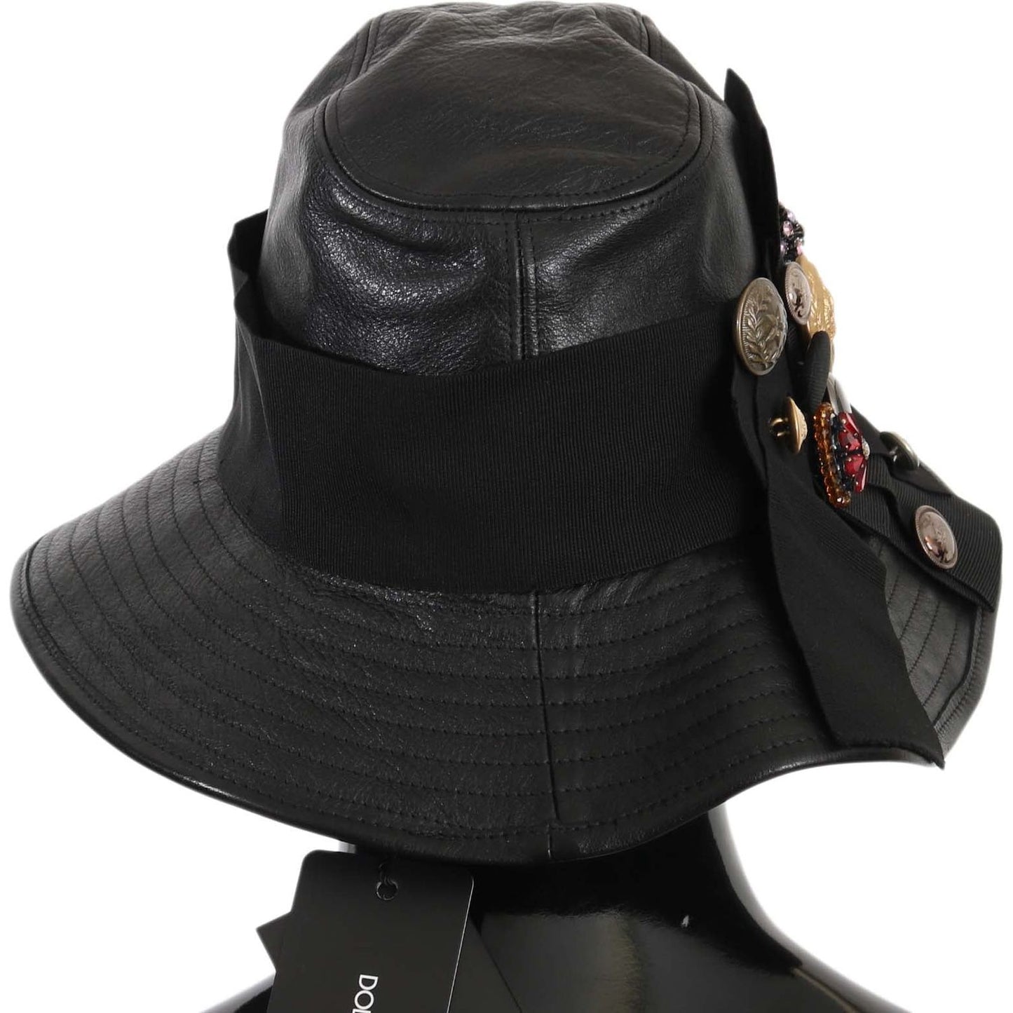 Dolce & Gabbana Black Leather DG Coin Crystal Wide Brim Hat Hat