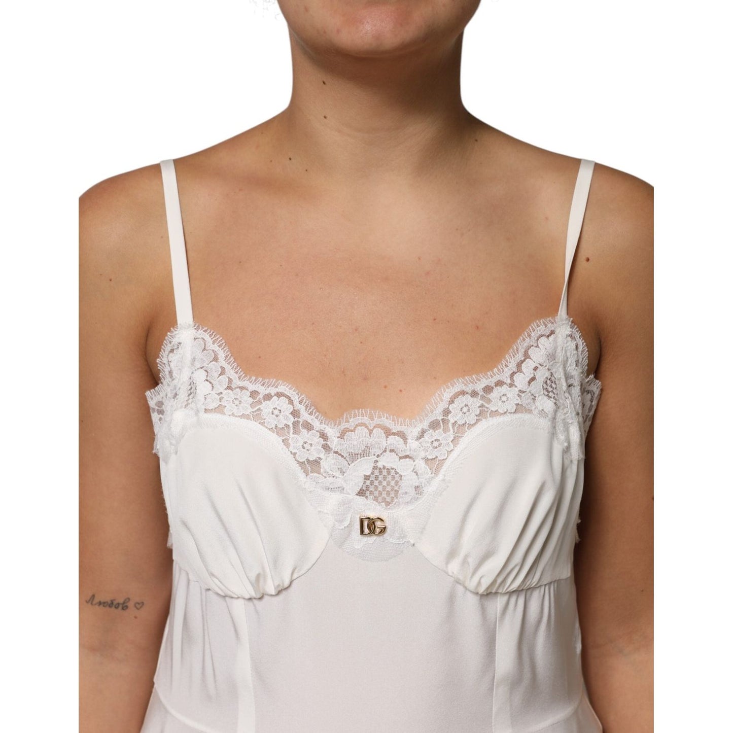 Dolce & Gabbana White Lace Gold DG Logo Silk Dress Sleepwear DR81799-50