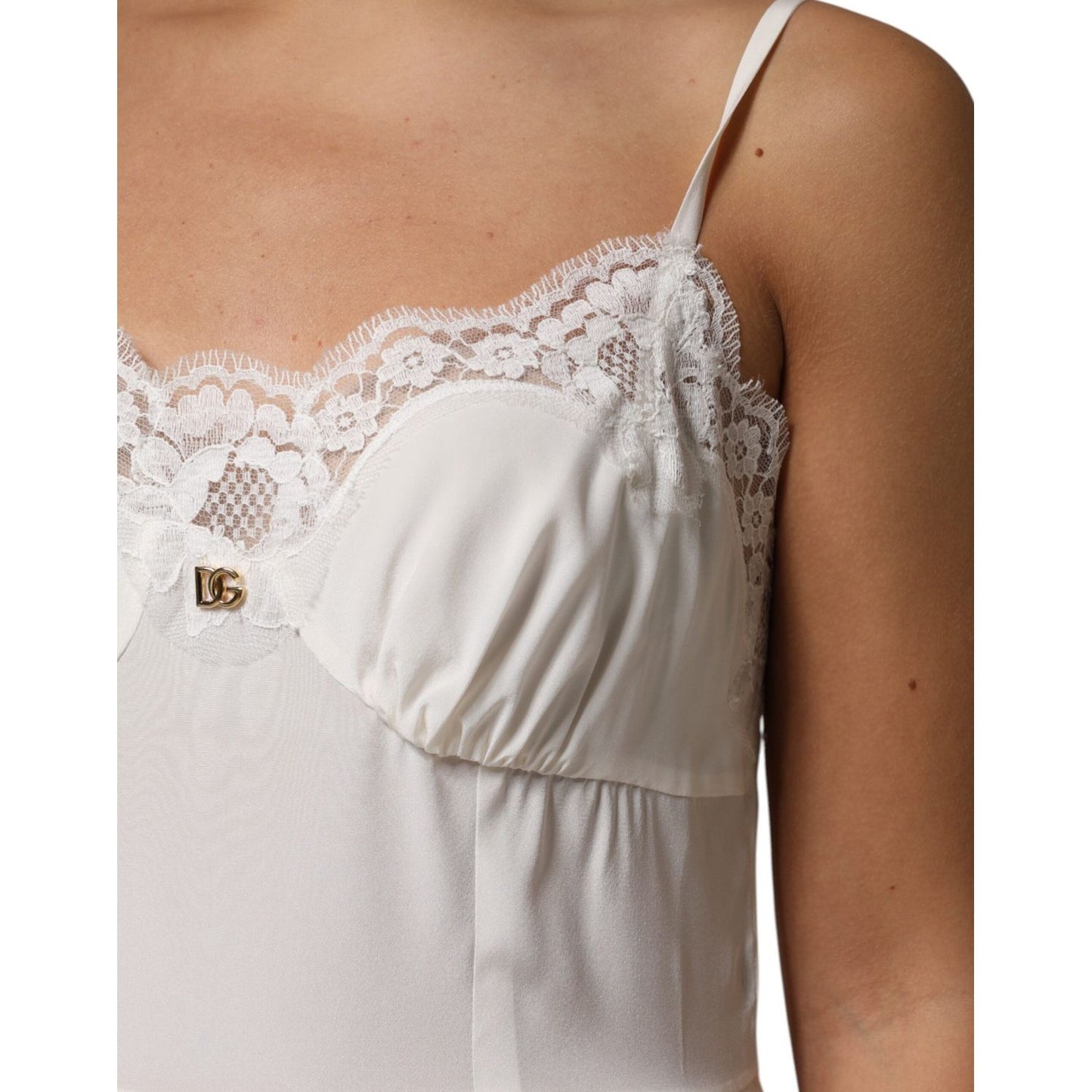 Dolce & Gabbana White Lace Gold DG Logo Silk Dress Sleepwear DR81799-50