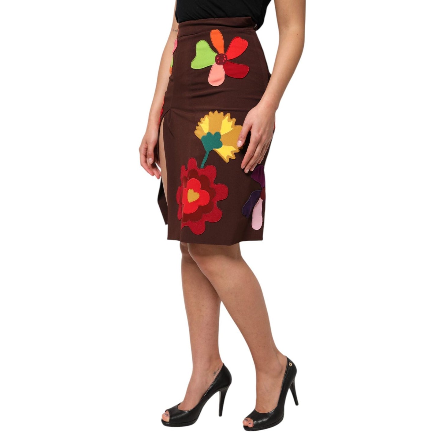 Dolce & Gabbana Brown Floral High Waist Side Slit Skirt SKI2152-40