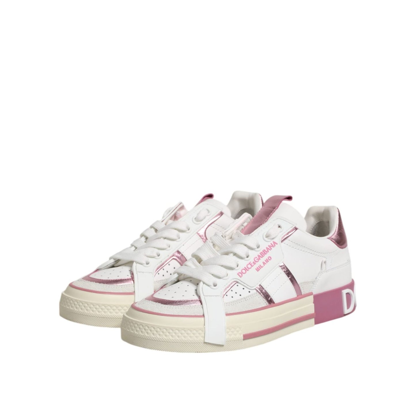 Dolce & Gabbana White Pink Leather Low Top Sneakers Shoes LA12765-38.5