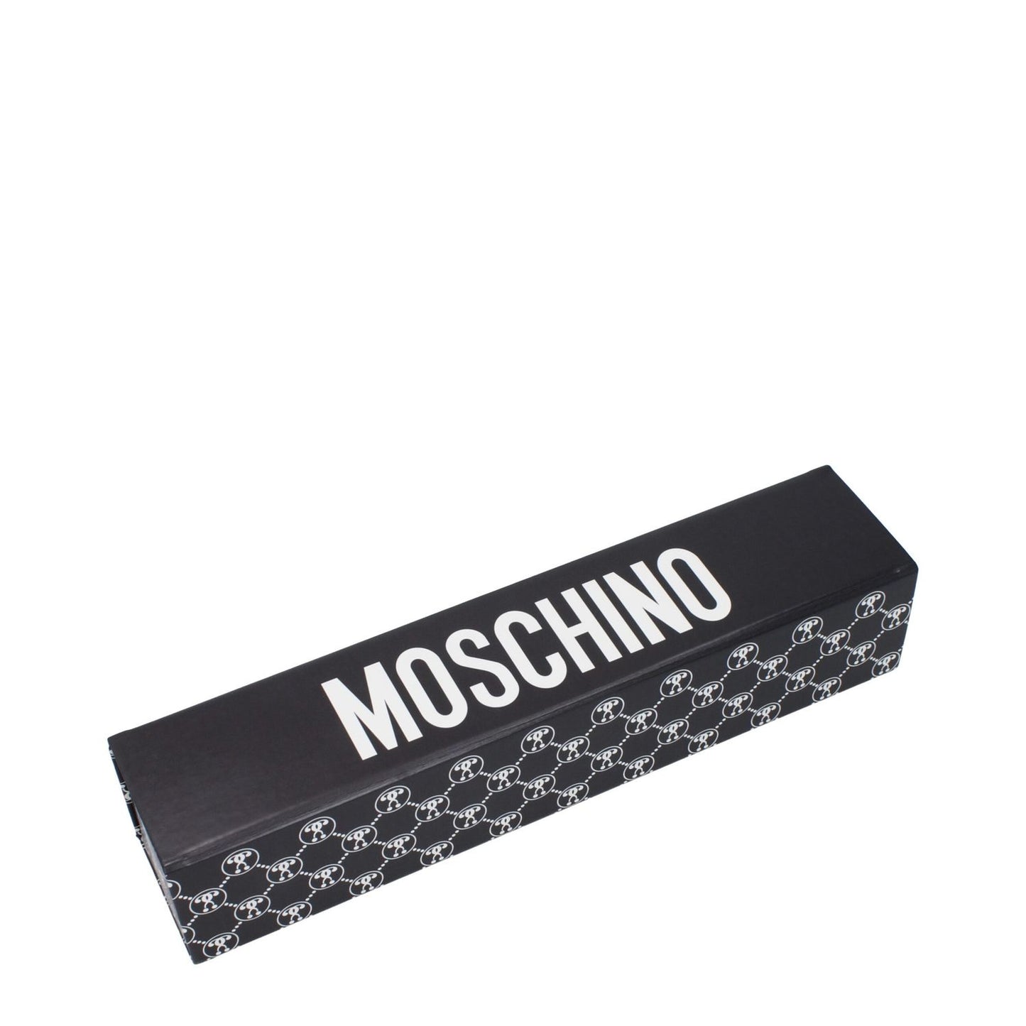 Moschino branded box for the Moschino Red Polyester Umbrella, featuring stylish black and white design.
