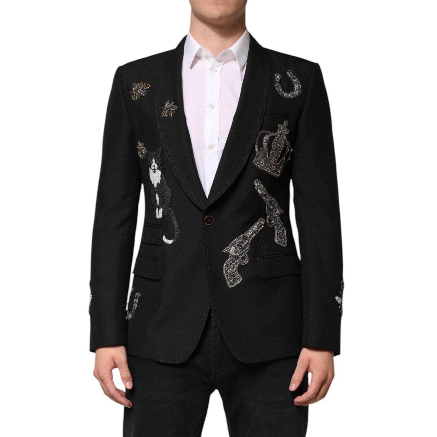 Dolce & Gabbana Black Bee Crown Embellished Suit Coat Blazer JKT41552-50