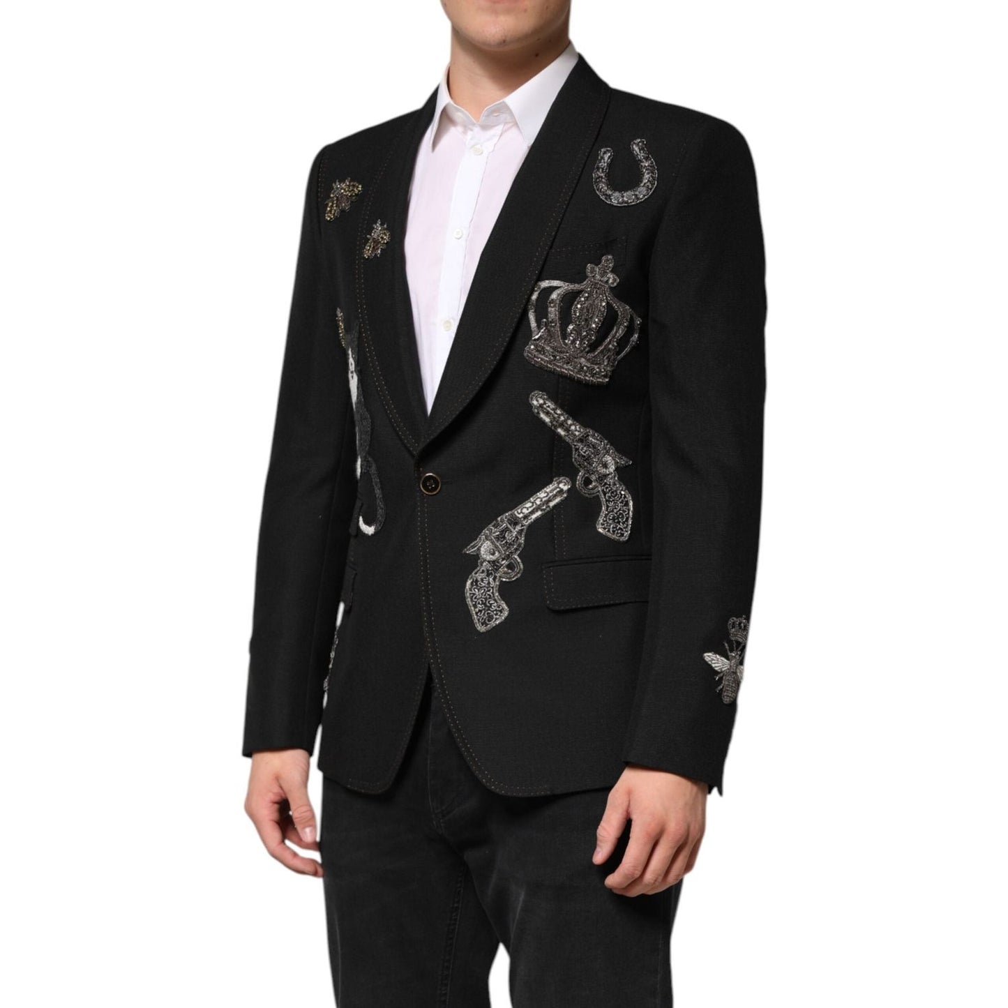 Dolce & Gabbana Black Bee Crown Embellished Suit Coat Blazer JKT41552-50