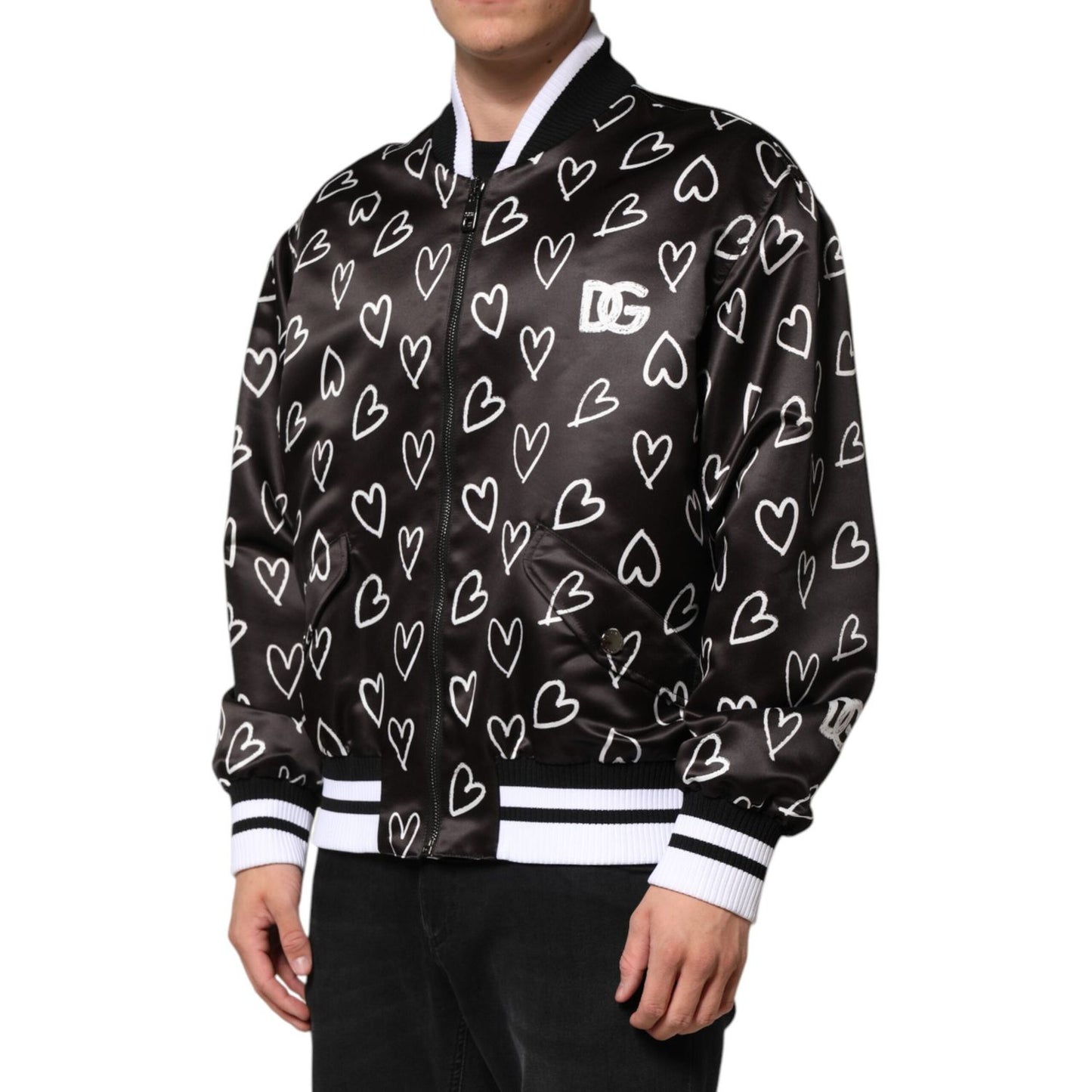 Dolce & Gabbana Black Polyester Heart Print Bomber Jacket JKT41524-52