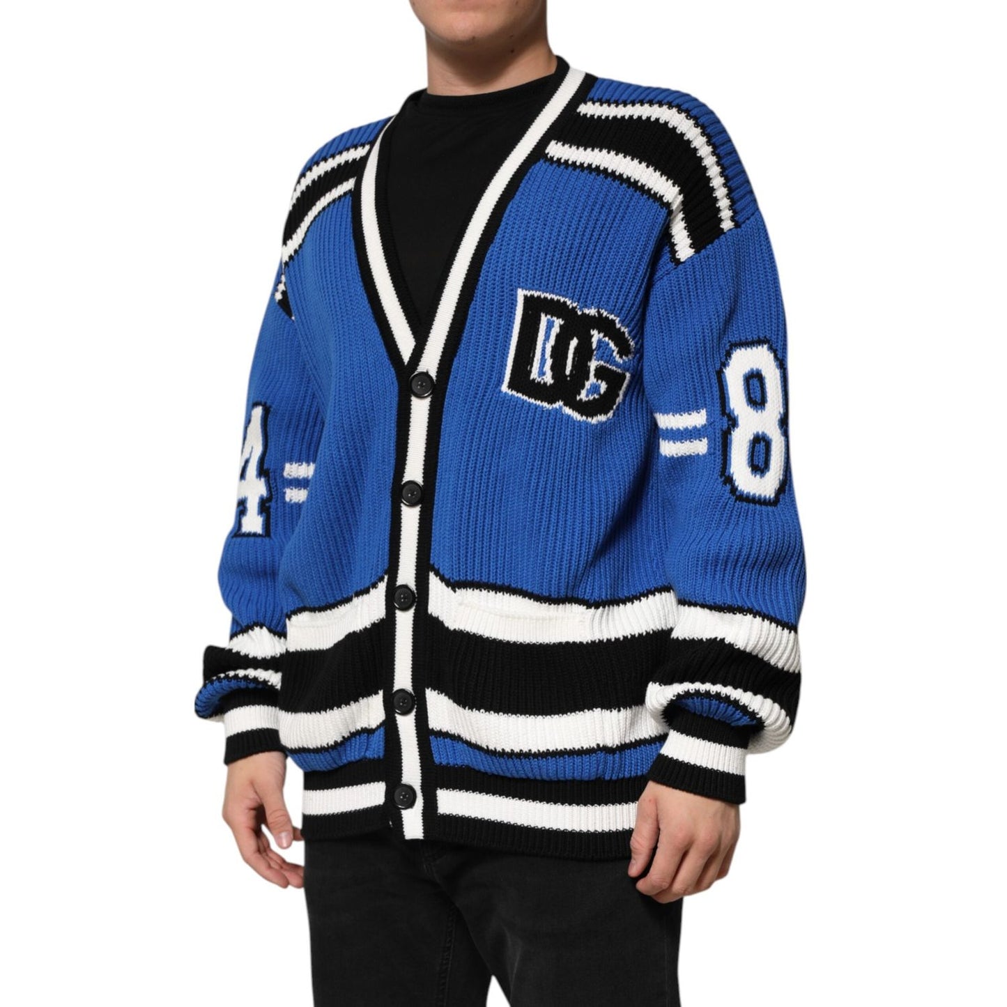 Dolce & Gabbana Blue Cotton Logo Patch Ribbed Knit Cardigan Sweater TSH90589-L