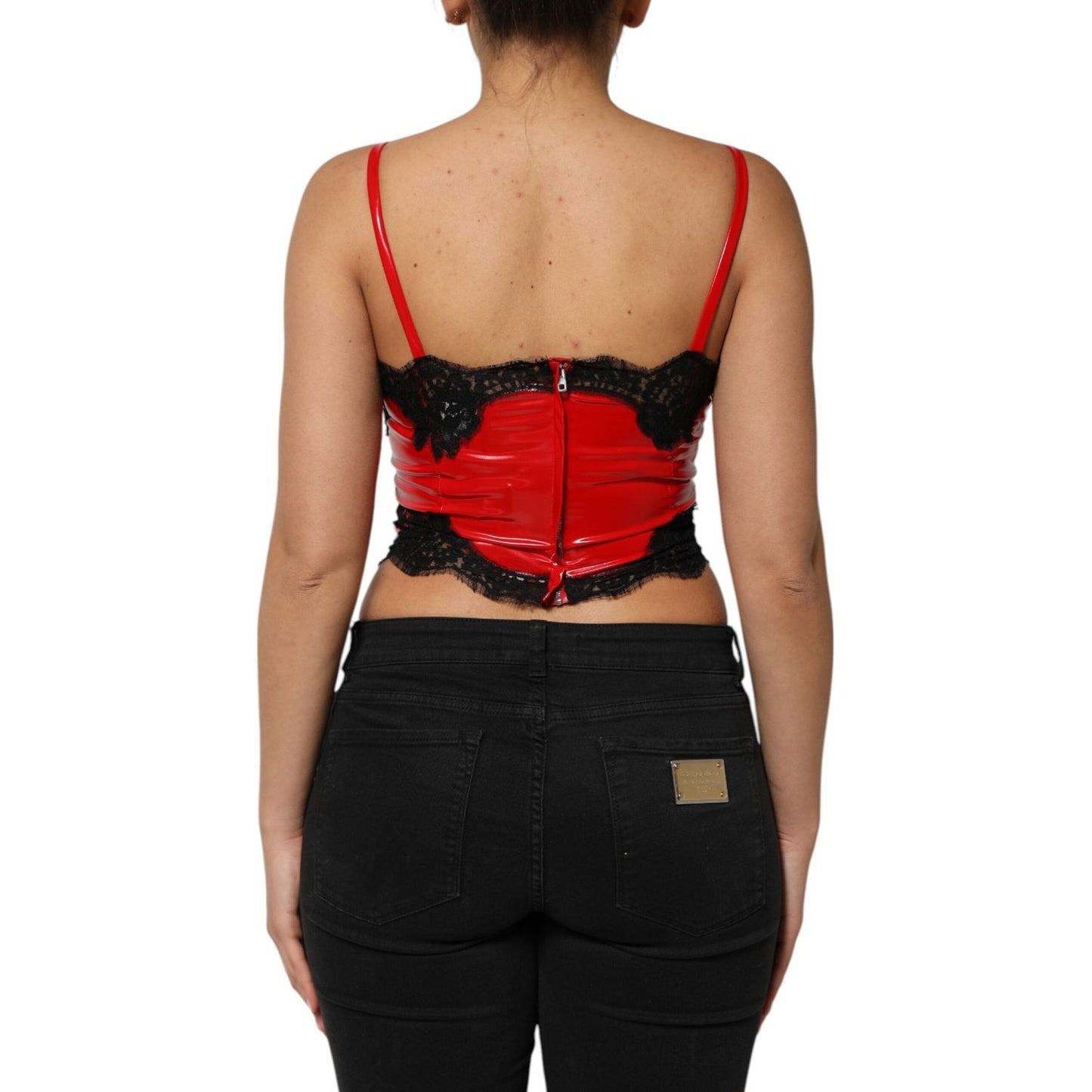 Dolce & Gabbana Red Black Lace Trim Polyester Sleeveless Tank Top TSH90624-2