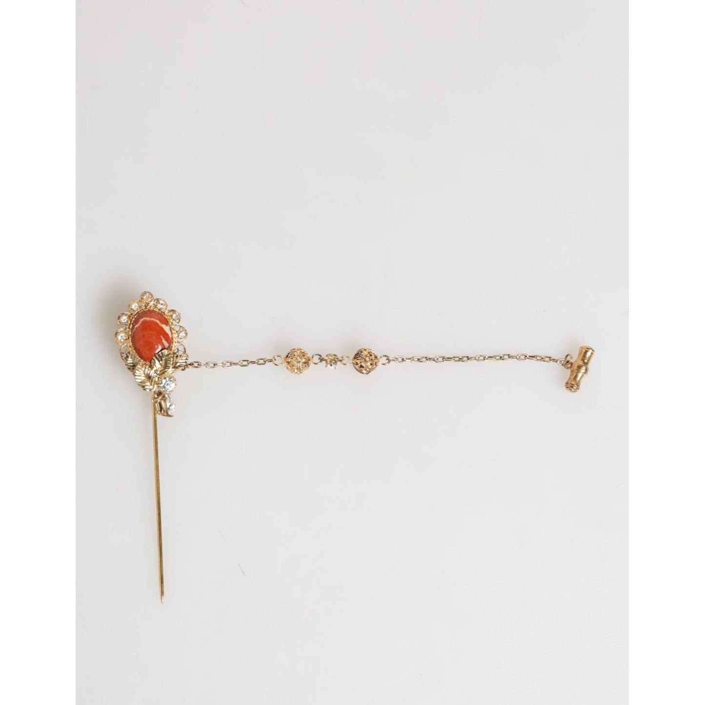 Dolce & Gabbana Gold Brass Crystal Chain 925 Sterling Silver Pin Brooch