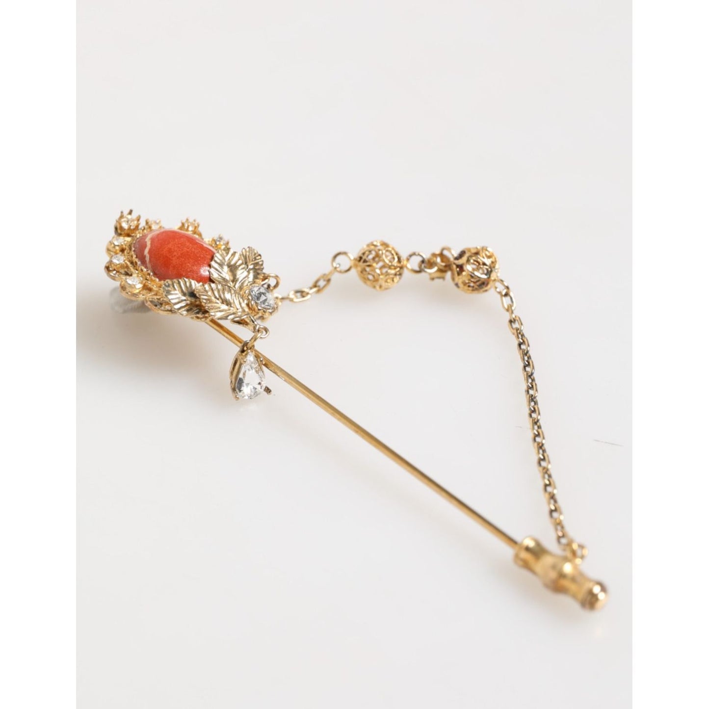 Dolce & Gabbana Gold Brass Crystal Chain 925 Sterling Silver Pin Brooch