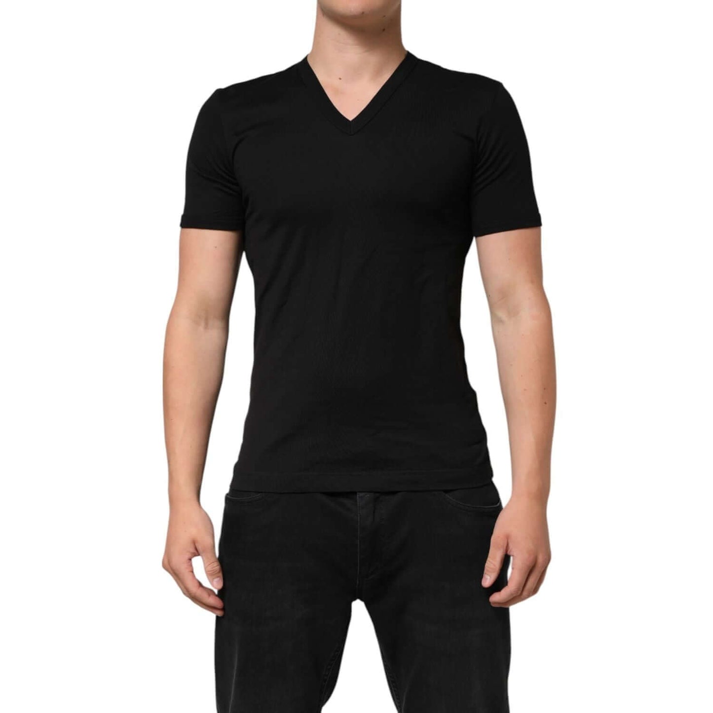 Dolce & Gabbana Black Cotton Plain V-Neck Men Shirt T-shirt