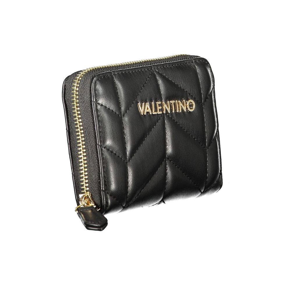 Mario Valentino Black Polyethylene Wallet with zip closure, 6 compartments, coin purse, and double card spaces featuring logo detail.