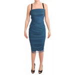 Dolce & Gabbana Blue Mesh Trim Ruched Tulle Sheath Dress