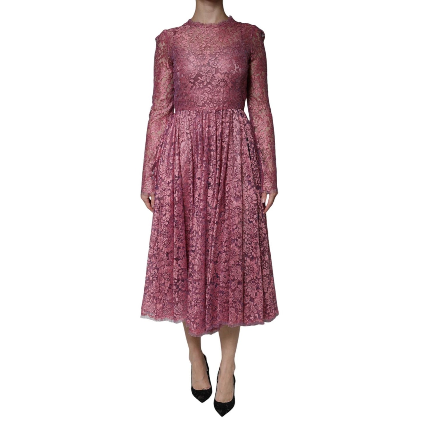 Dolce & Gabbana Pink Floral Lace Long Sleeve Midi Dress DR281191-36