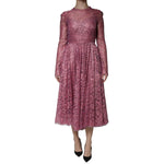 Dolce & Gabbana Pink Floral Lace Long Sleeve Midi Dress DR281191-36