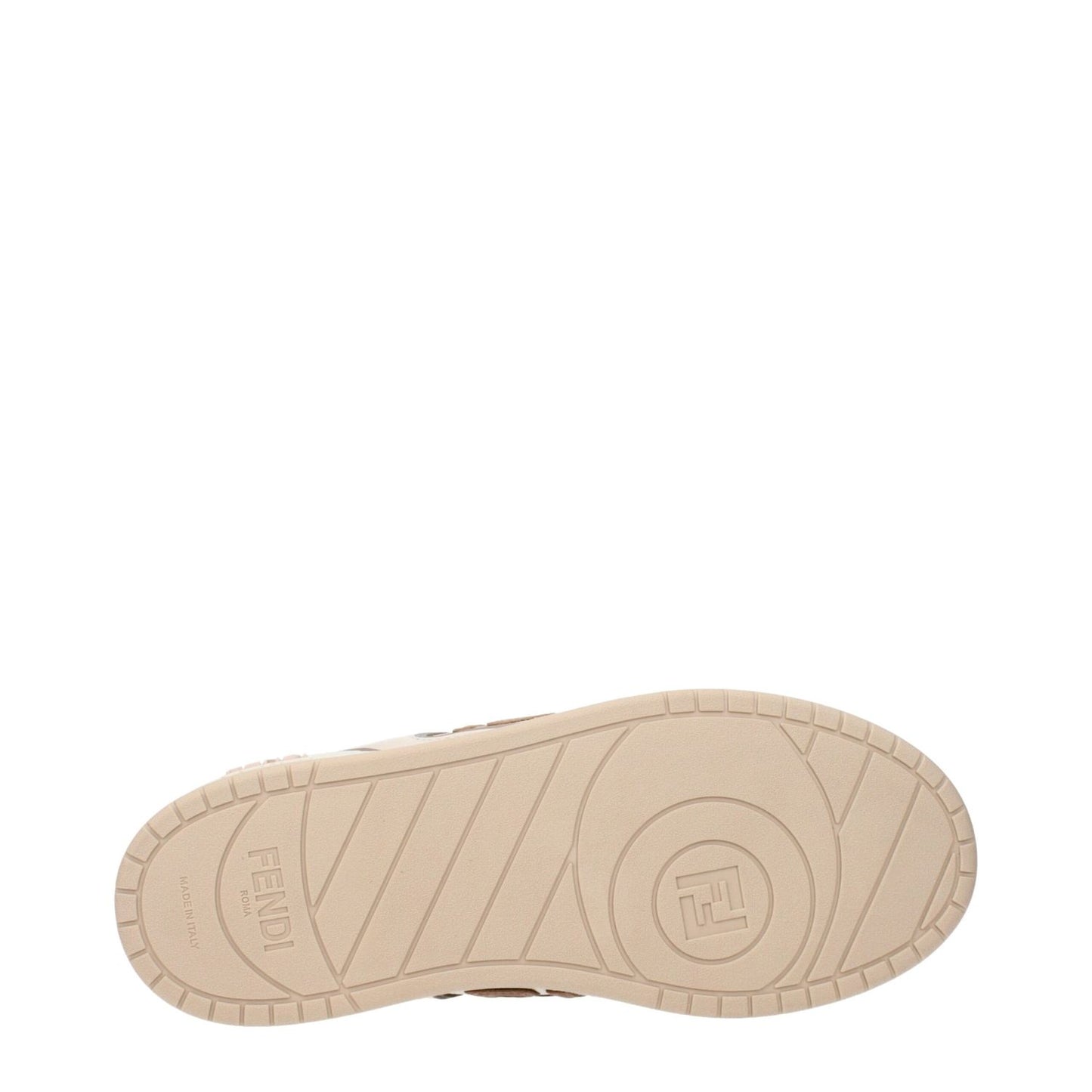 Sole view of Fendi Beige Leather Low Top Sneakers with logo detailing on the back, designed by Fendi.