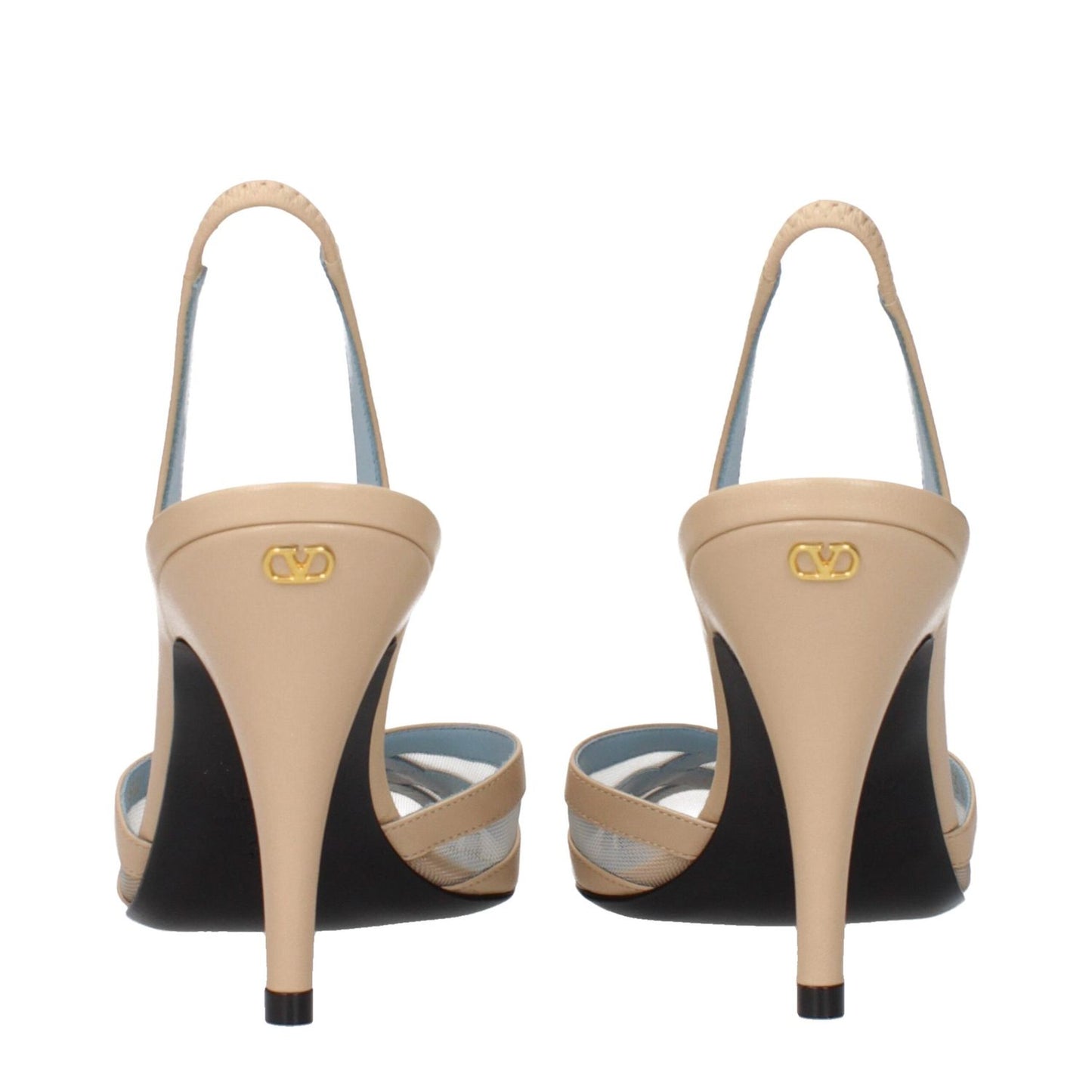 Back view of Valentino Garavani Beige Leather Stiletto Heel Sandals with logo detail.