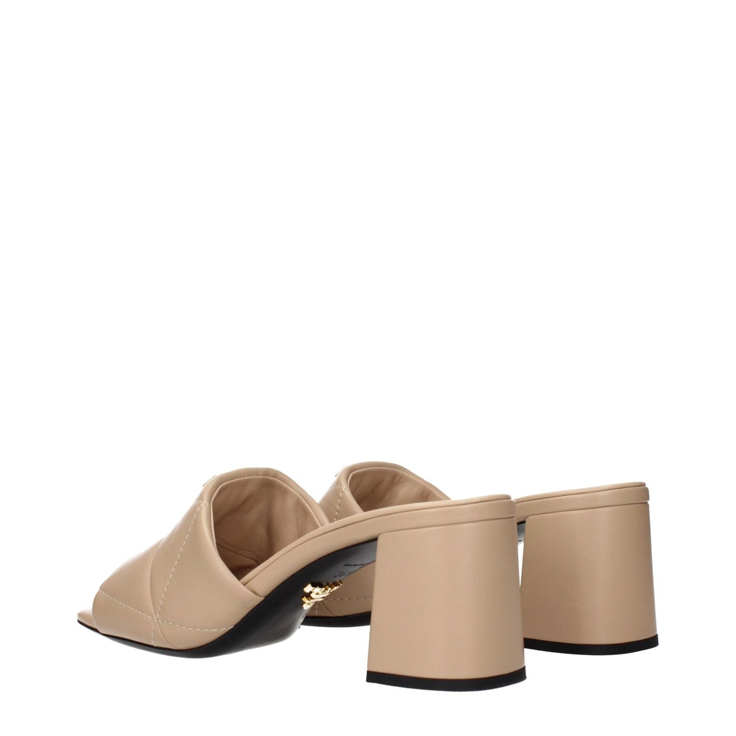 Prada Beige Leather Slippers with front logo, stylish design, and elegant beige leather for a chic and comfortable look.