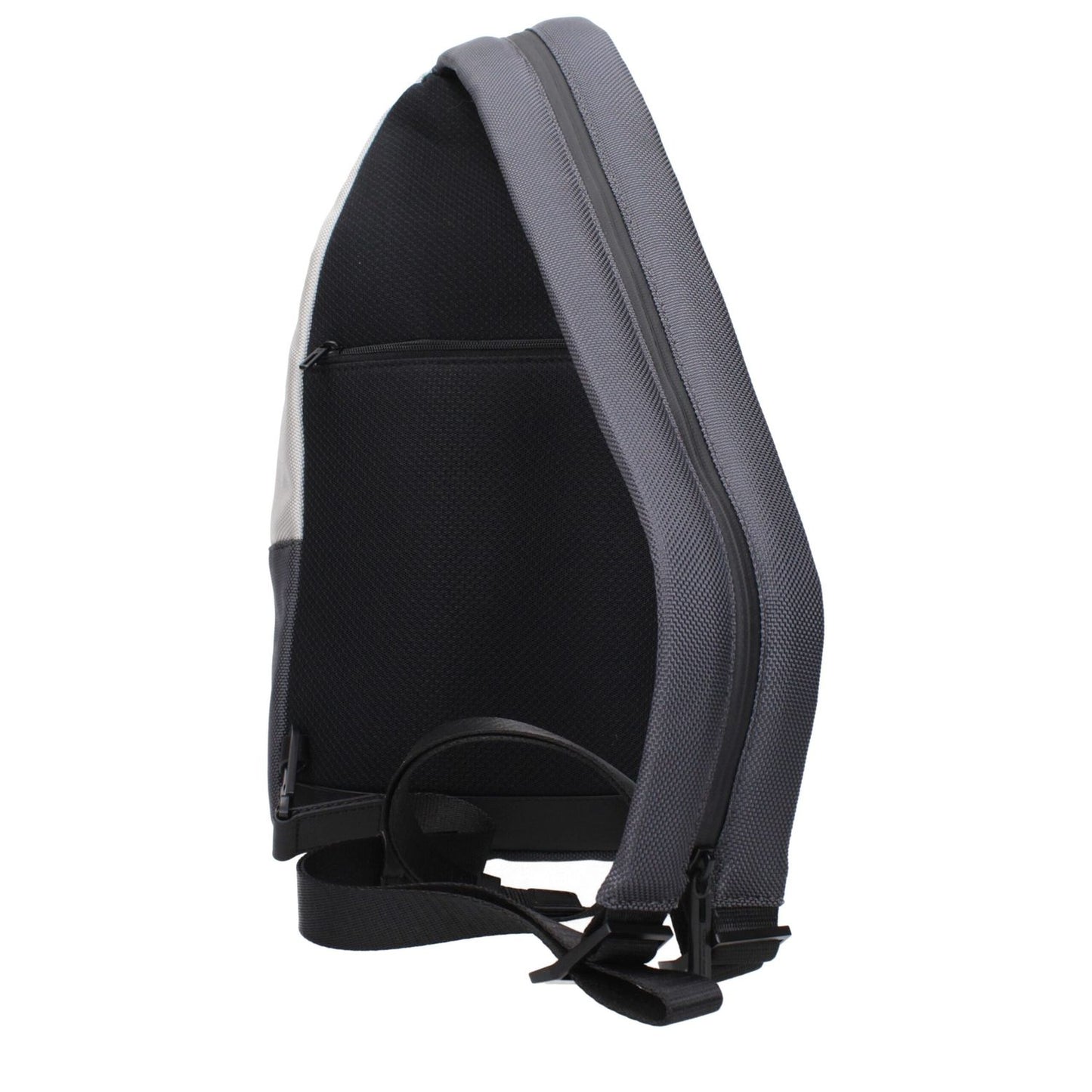 Side view of Piquadro Gray Fabric Backpack showing adjustable straps and vintage effect design.