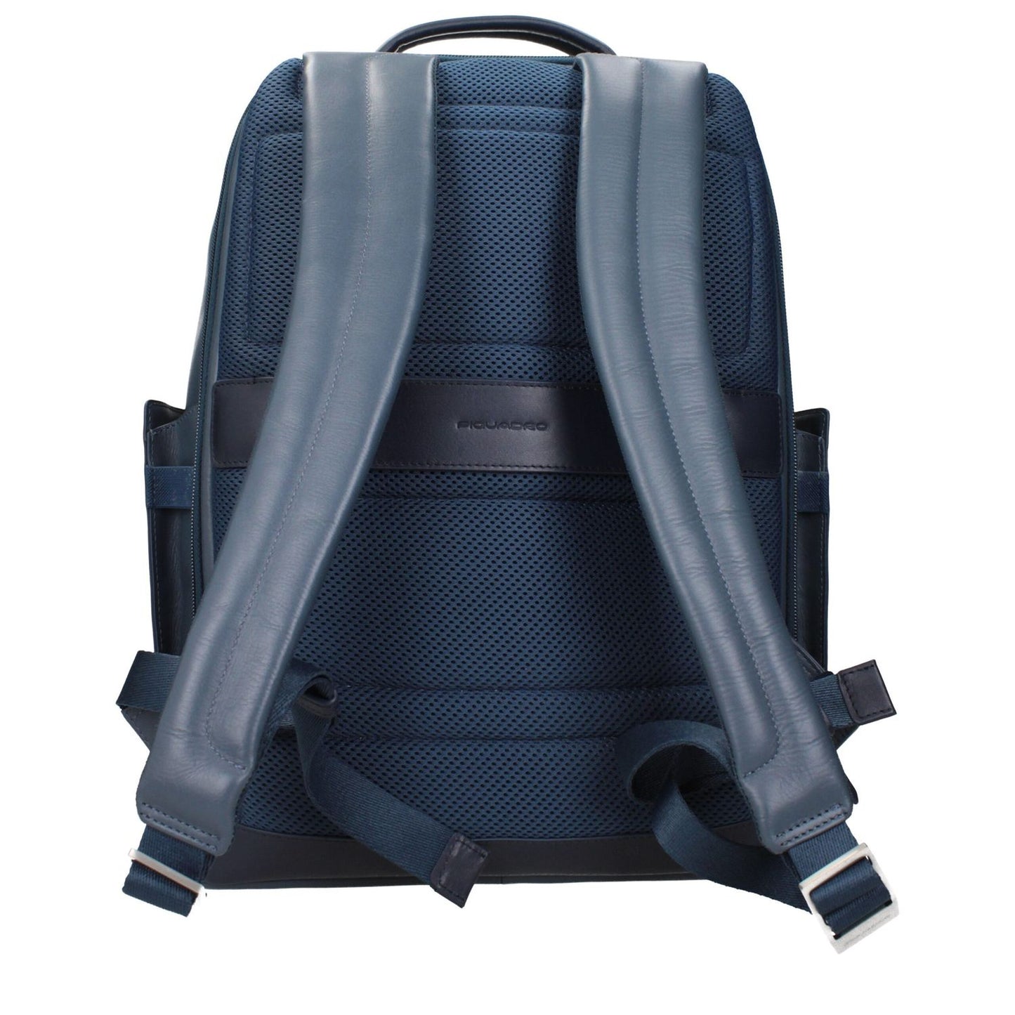 Piquadro Blue Leather Backpack with adjustable straps and vintage effect, view from the back showing the logo.