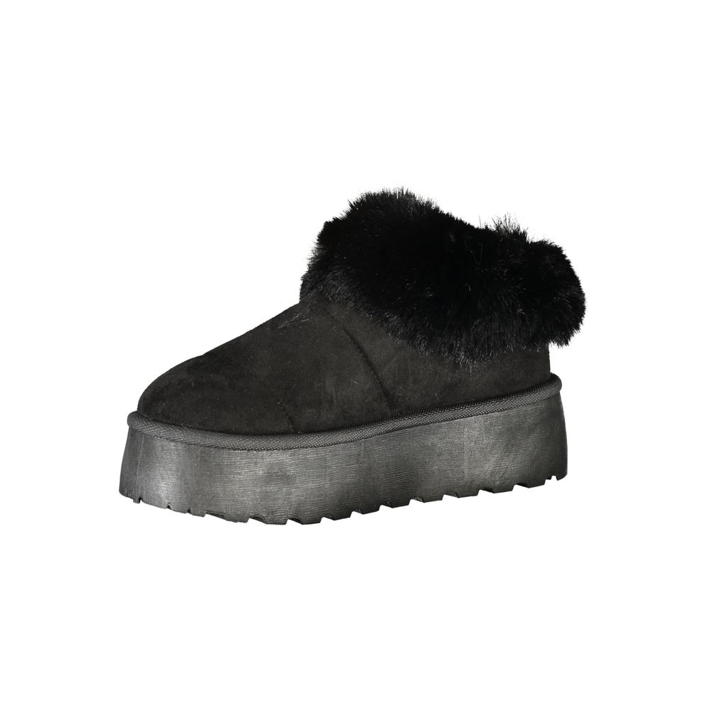 Laura Biagiotti Black Polyester Women Sneaker with fur detail and 4 cm wedge heel