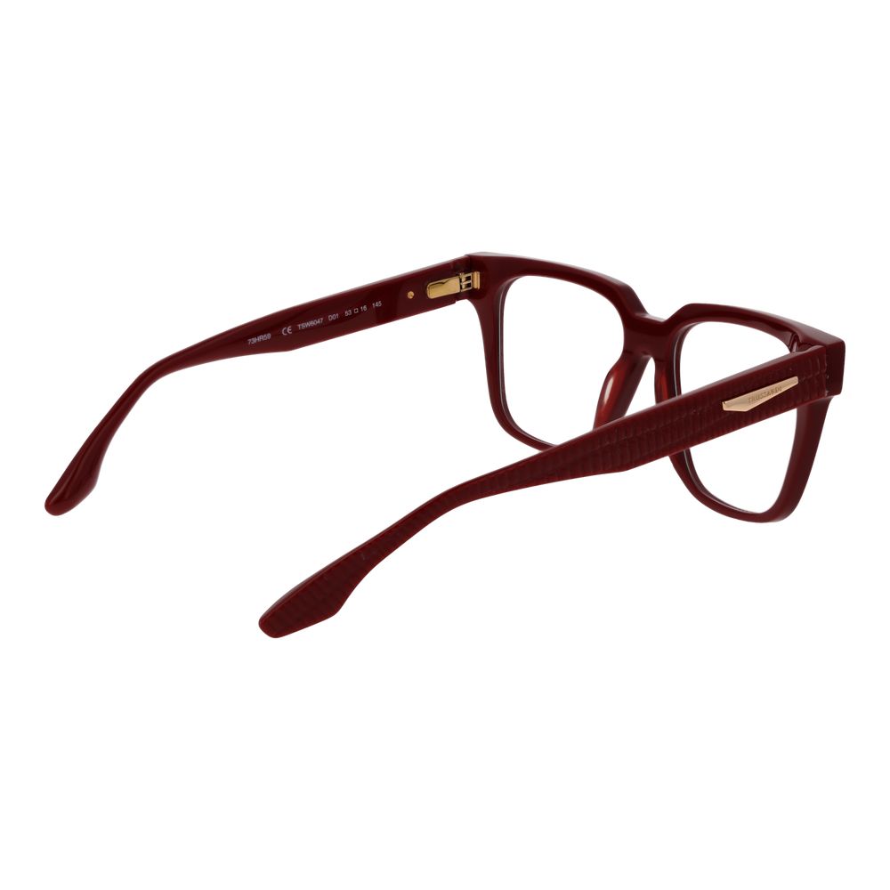 Trussardi Red Acetate Glasses (Frames) for women with full-rim red acetate frame, square style, and spring hinge. Comes with branded case.