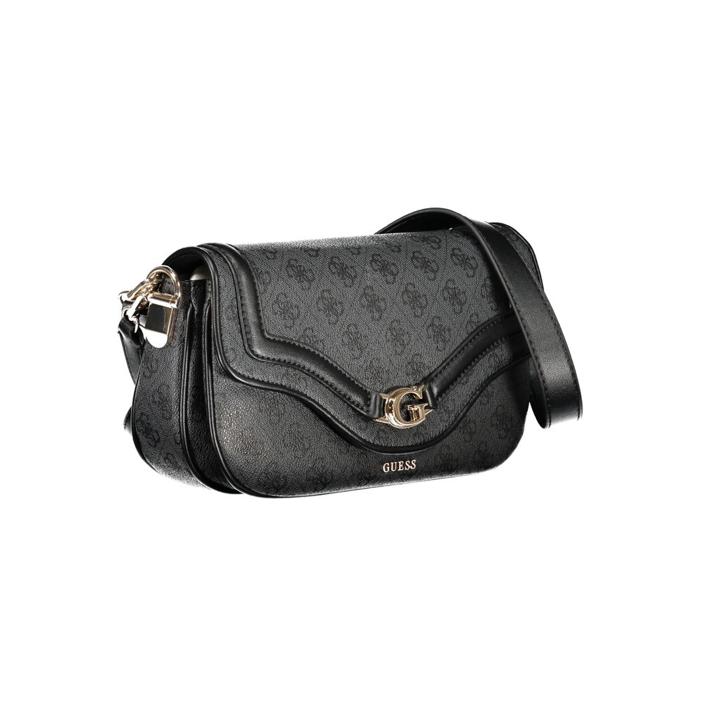 Alt Tag: Guess Jeans Black Polyethylene Handbag with adjustable strap and logo detailing, featuring protective feet and contrasting details.