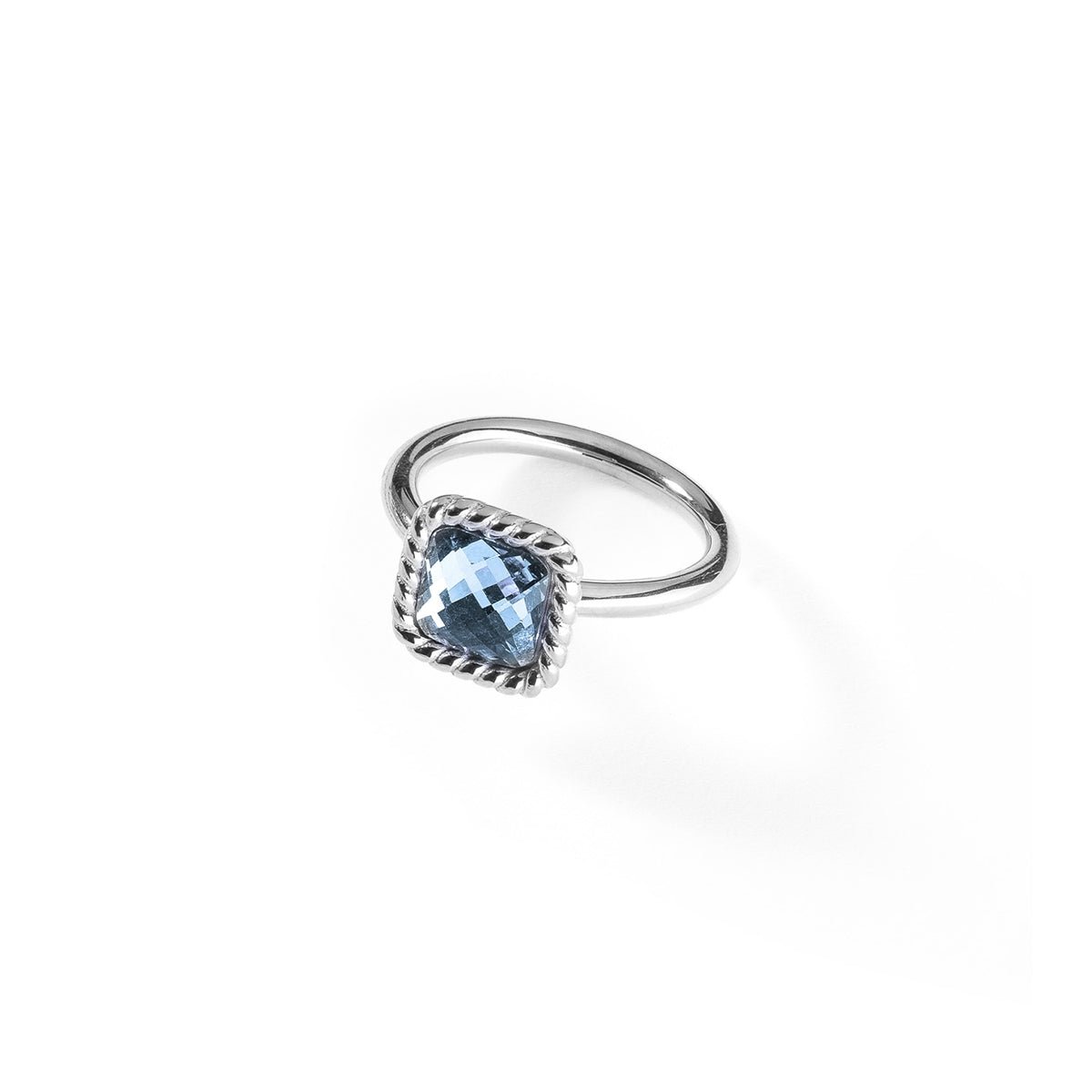 AN JEWELS JEWELRY Mod. AL.RMW07SBL-7 elegant silver ring with blue gemstone on white background.