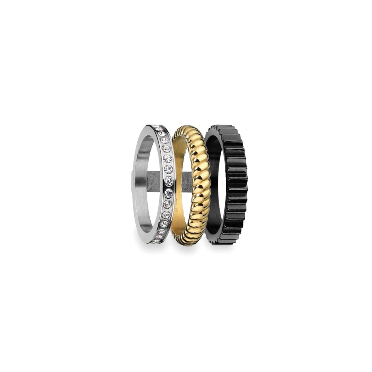 Three elegant rings from AN JEWELS JEWELRY Mod. AR.R3NS03SYK-9 in silver, gold, and black, showcased against a white background.
