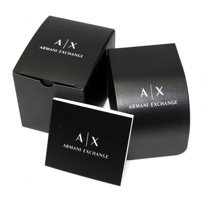 A|X ARMANI EXCHANGE Mod. HAMPTON wristwatch packaging in black official box, highlighting luxurious design and branding.