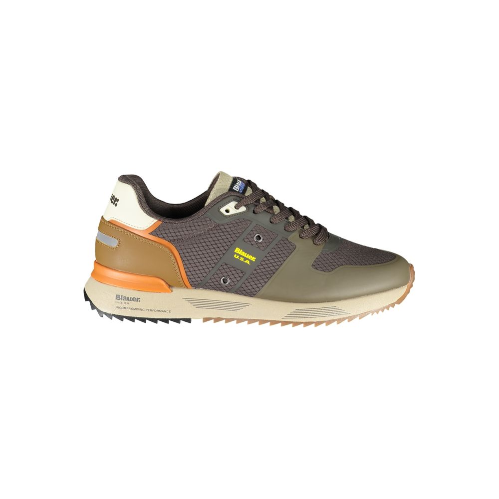 Blauer Brown Polyester Sneaker with contrasting details, sports shoe with laces, featuring print and logo.