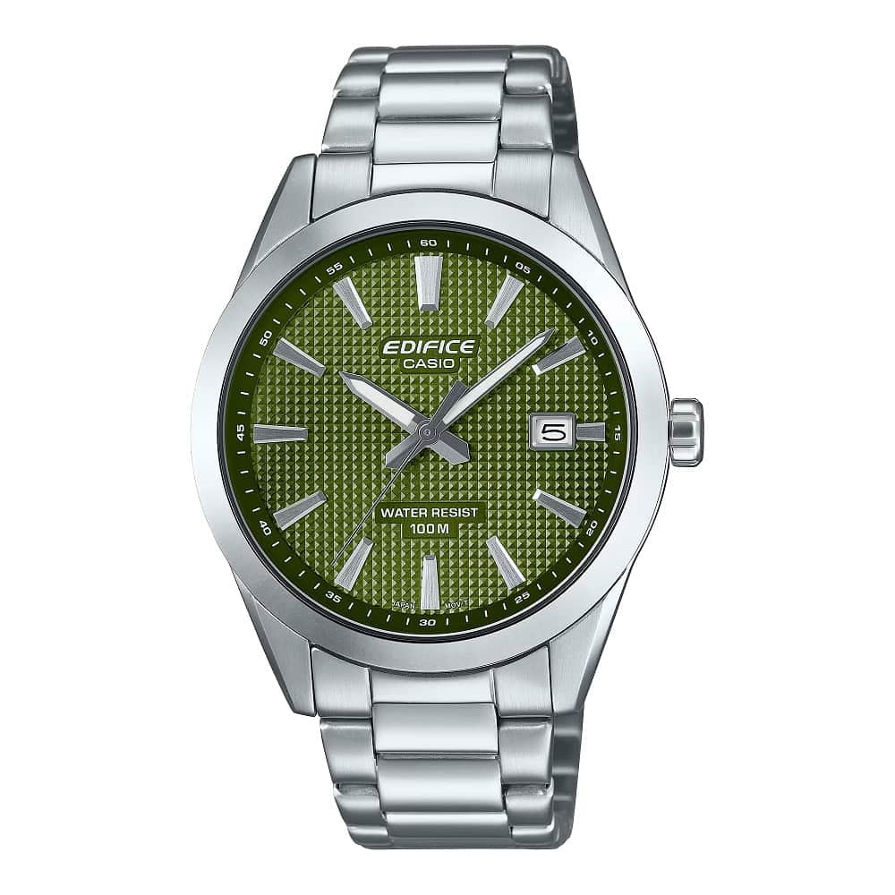 CASIO EDIFICE Mod. CLASSIC DATE - GREEN wristwatch, stainless steel case and bracelet, green dial, quartz movement, 10 ATM water resistance.