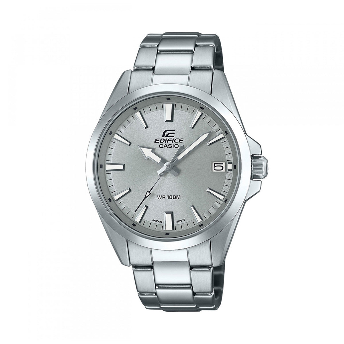 CASIO EDIFICE Mod. CLASSIC DATE - SILVER wristwatch with stainless steel case and bracelet, quartz movement, and 10 ATM water resistance.