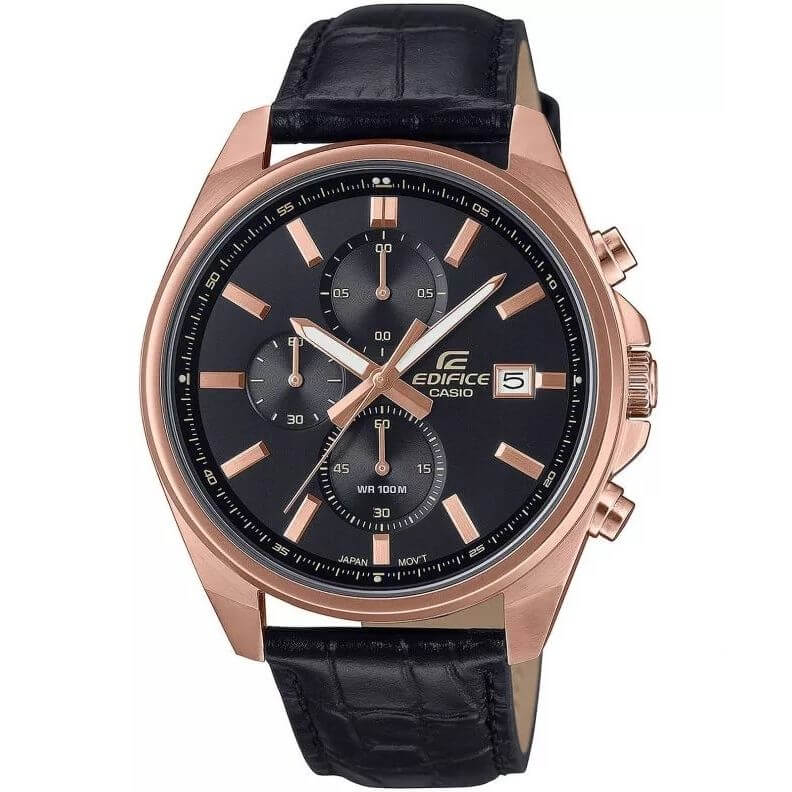 CASIO EDIFICE Mod. SPORT - CHRONO DATE BLACK wristwatch with stainless steel strap, 10 ATM water resistance, quartz movement, and chronograph.