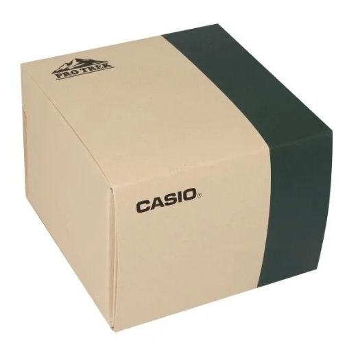Official packaging box for CASIO PRO TREK - THOUGH SOLAR - TRIPLE SENSOR wristwatch in beige and dark green.