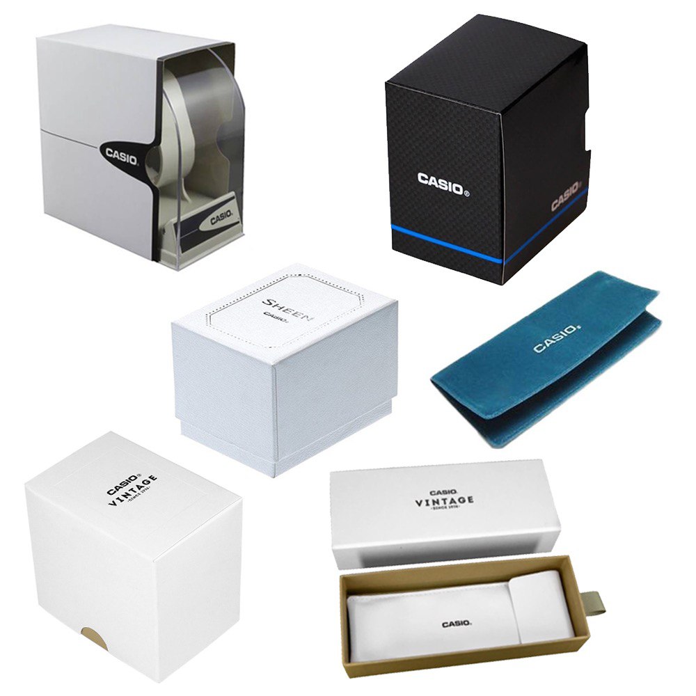 CASIO SPORT Mod. TIMELESS COLLECTION packaging options, showcasing various official Casio boxes and pouches.