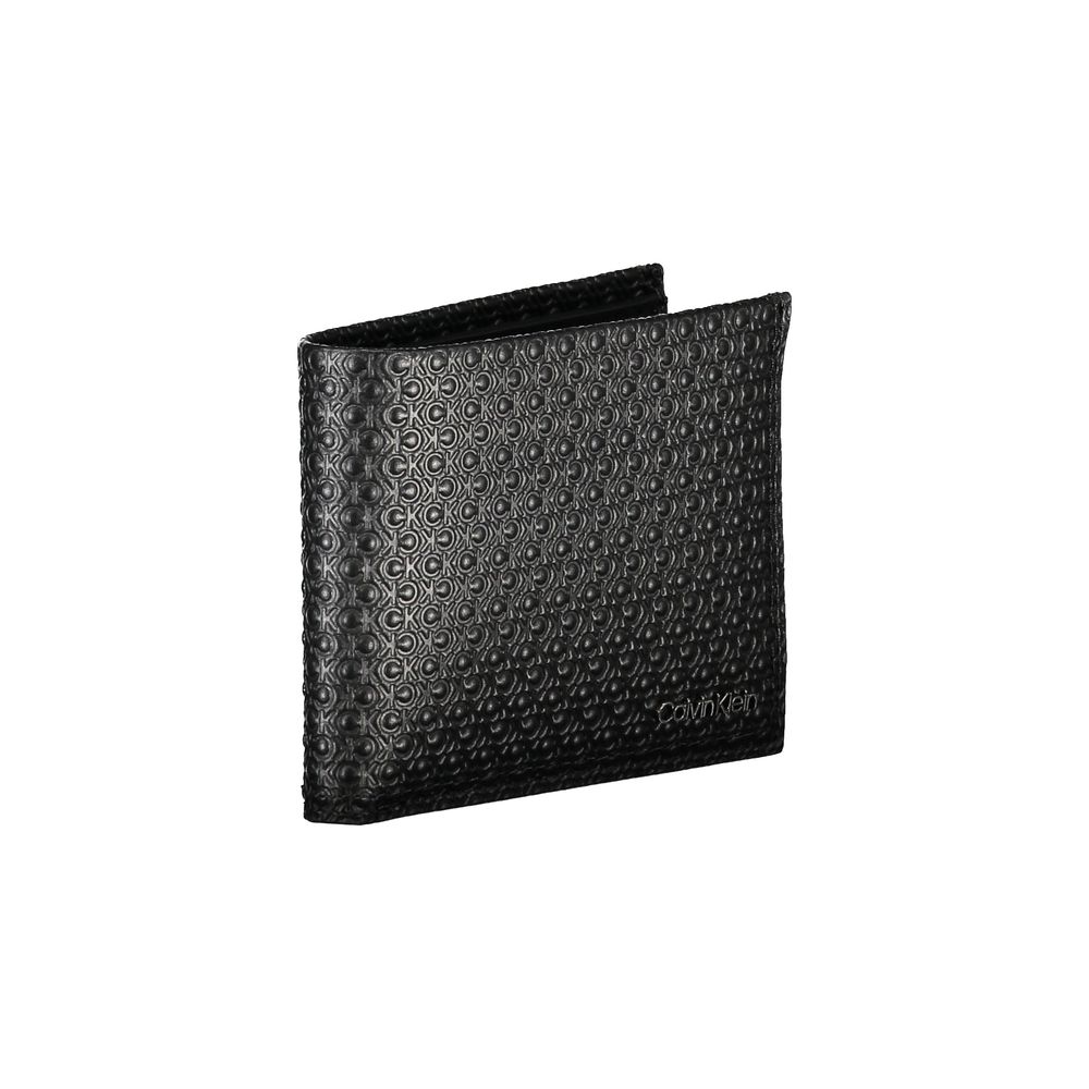 Calvin Klein Black Leather Wallet with RFID block, 2 compartments, card spaces, and contrast details.