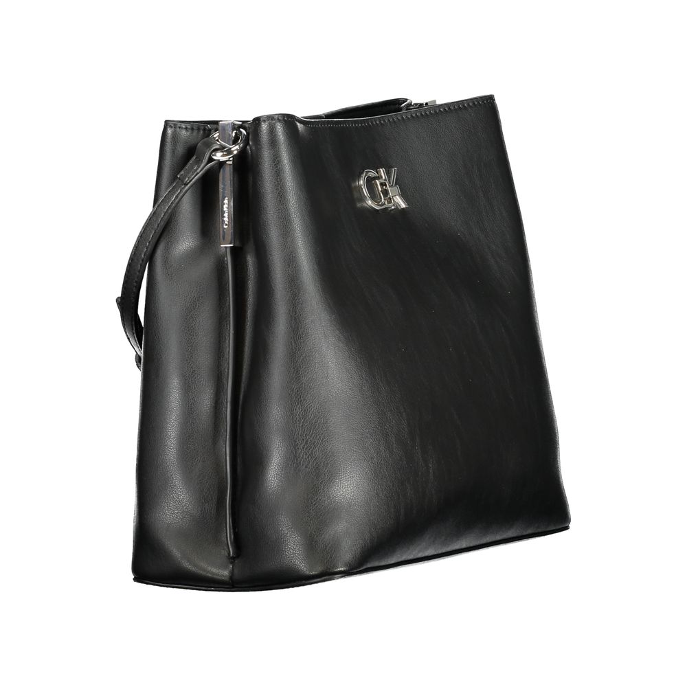 Calvin Klein Black Polyester Handbag with adjustable strap, twist and magnet closure, featuring logo, made of 50% recycled polyester.