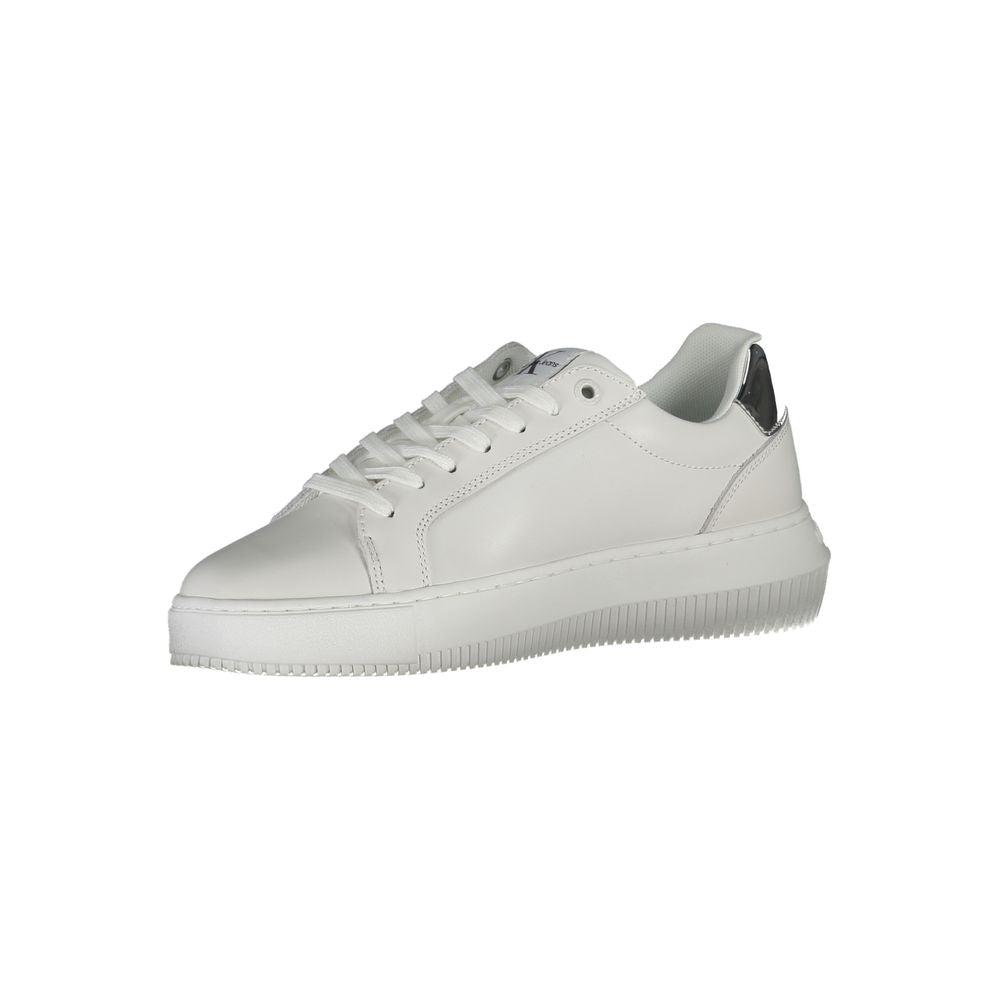 Calvin Klein White Polyester Sneaker with logo, contrasting sole, and details, made from 50% recycled polyester, sports shoe with laces.