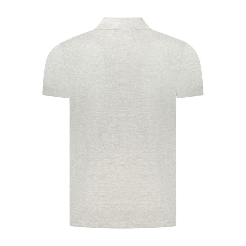 Back view of Cavalli Class Gray Cotton Polo Shirt with short sleeves and embroidery details.